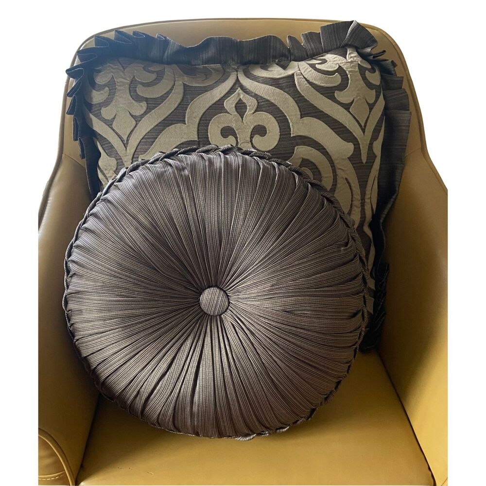J. Queen New York Throw Pillow Pair Tufted Round & Ruffled Square Gold Tan